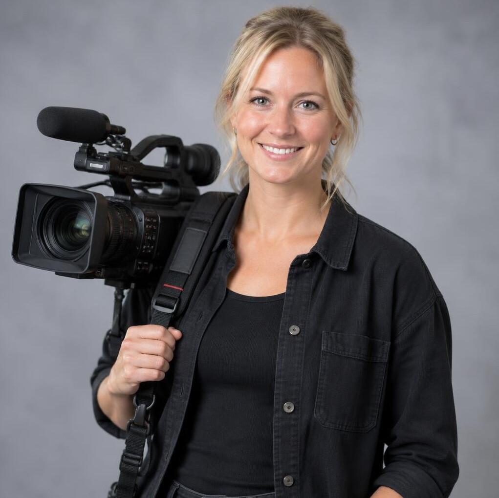 Smiling woman camera operator in a studio